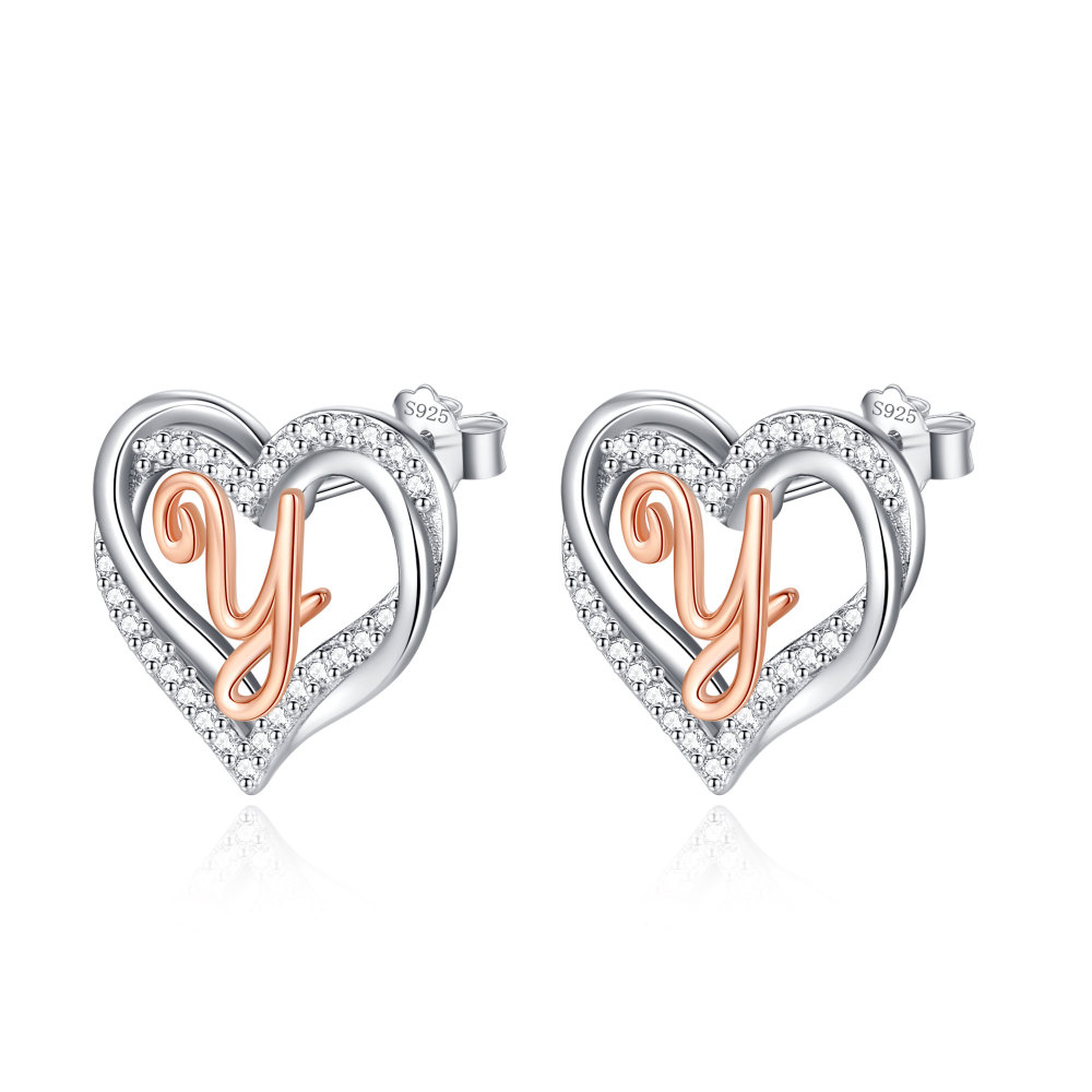 925 Sterling Silver Heart Initial Y Stud Earrings