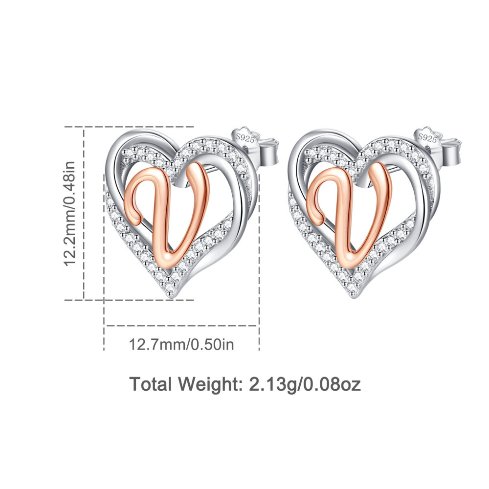 925 Sterling Silver Heart Initial V Stud Earrings