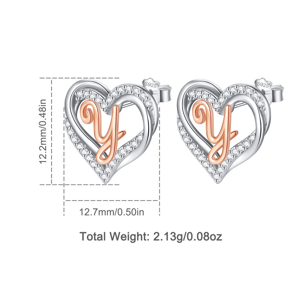 925 Sterling Silver Heart Initial Y Stud Earrings