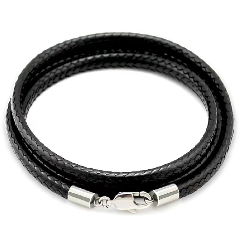 Black Braided Waxed Leather Cord Chain with Silver Clasp