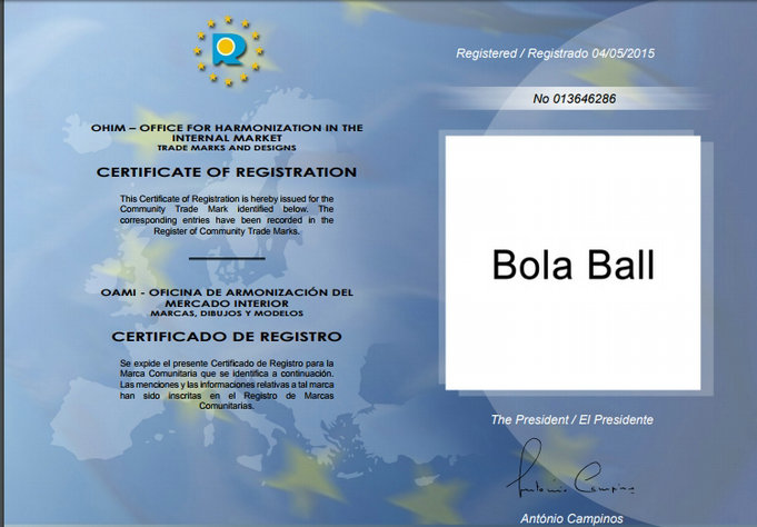 Bola Ball EU trademark registration certificate issued by OHIM (EUIPO) on 04/05/2015