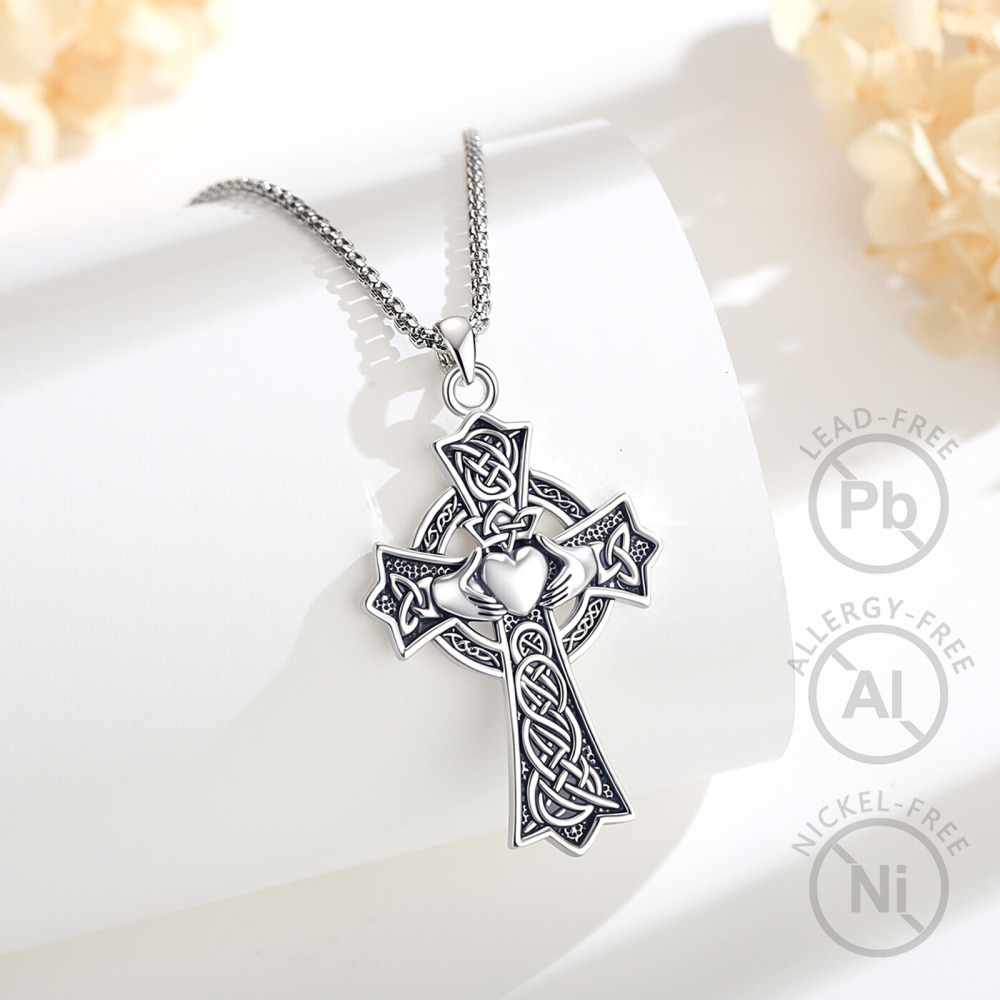 Merryshine Jewelry Oxidized Silver Claddagh Celtic Cross Pendant