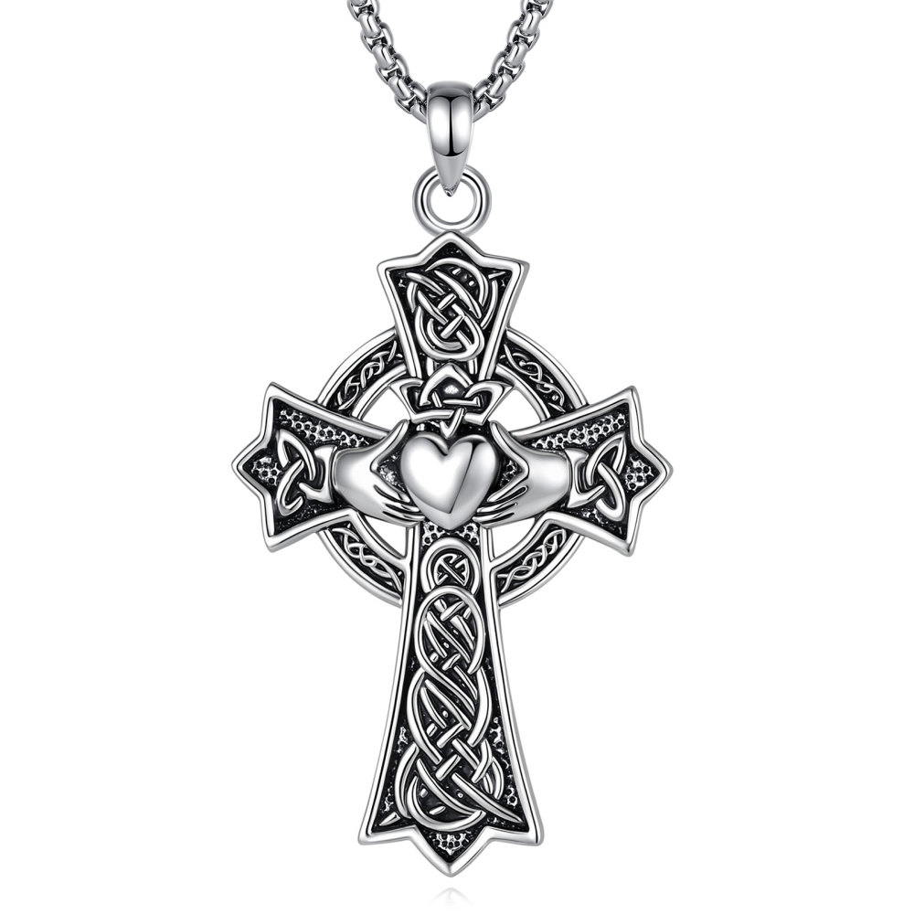 Merryshine Jewelry Oxidized Silver Claddagh Celtic Cross Pendant