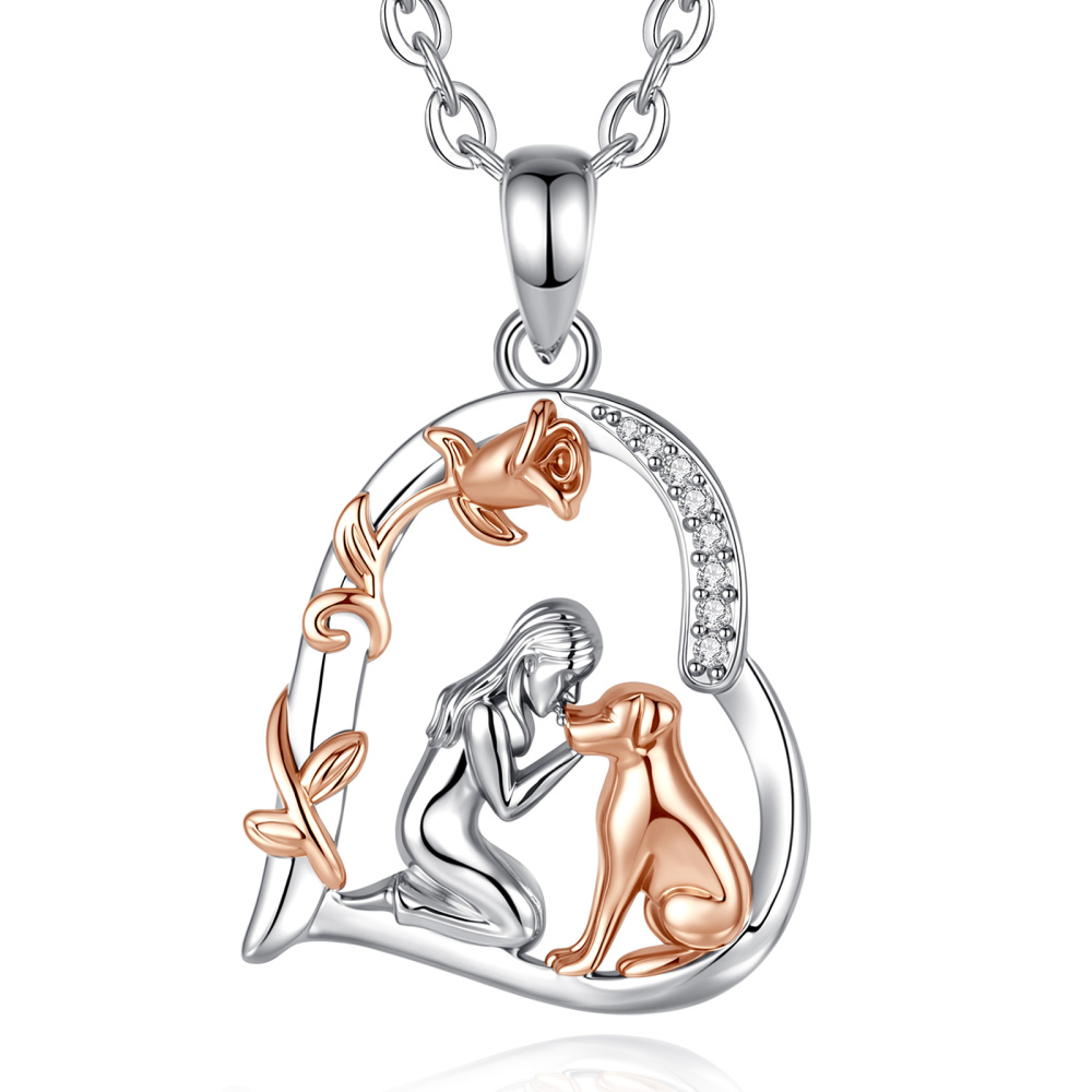 Merryshine Jewelry Rose Gold Plated Heart Girl & Dog Pendant