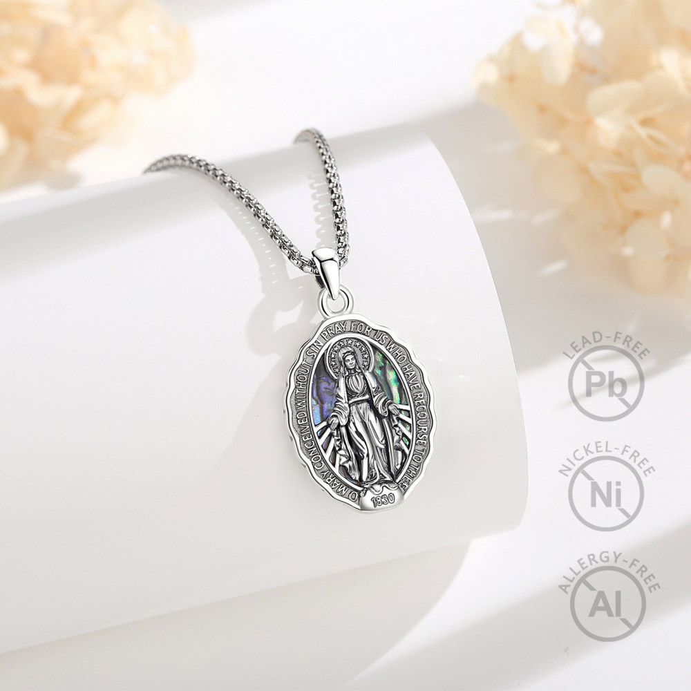 Merryshine Jewelry Virgin Mary Miraculous Medal Pendant with Abalone Shell