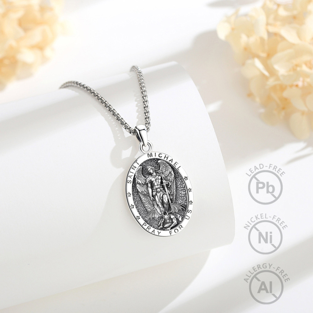 Merryshine Jewelry Thick Silver Plated St. Michael Archangel Oval Medal
