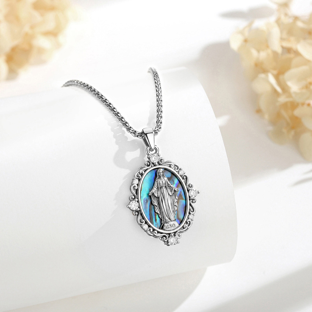 Merryshine Jewelry Silver Filigree Abalone Miraculous Medal Virgin Mary Pendant