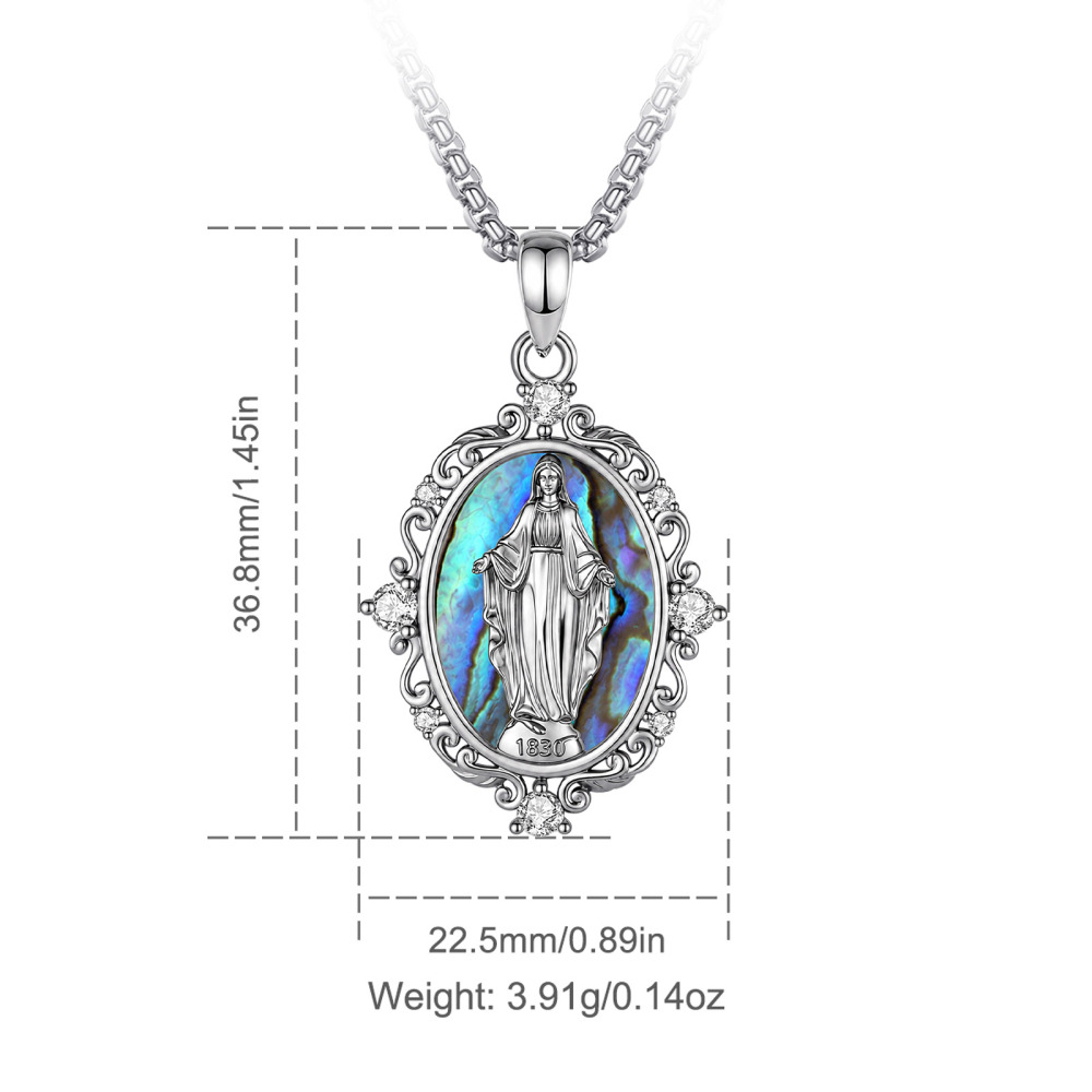 Merryshine Jewelry Silver Filigree Abalone Miraculous Medal Virgin Mary Pendant