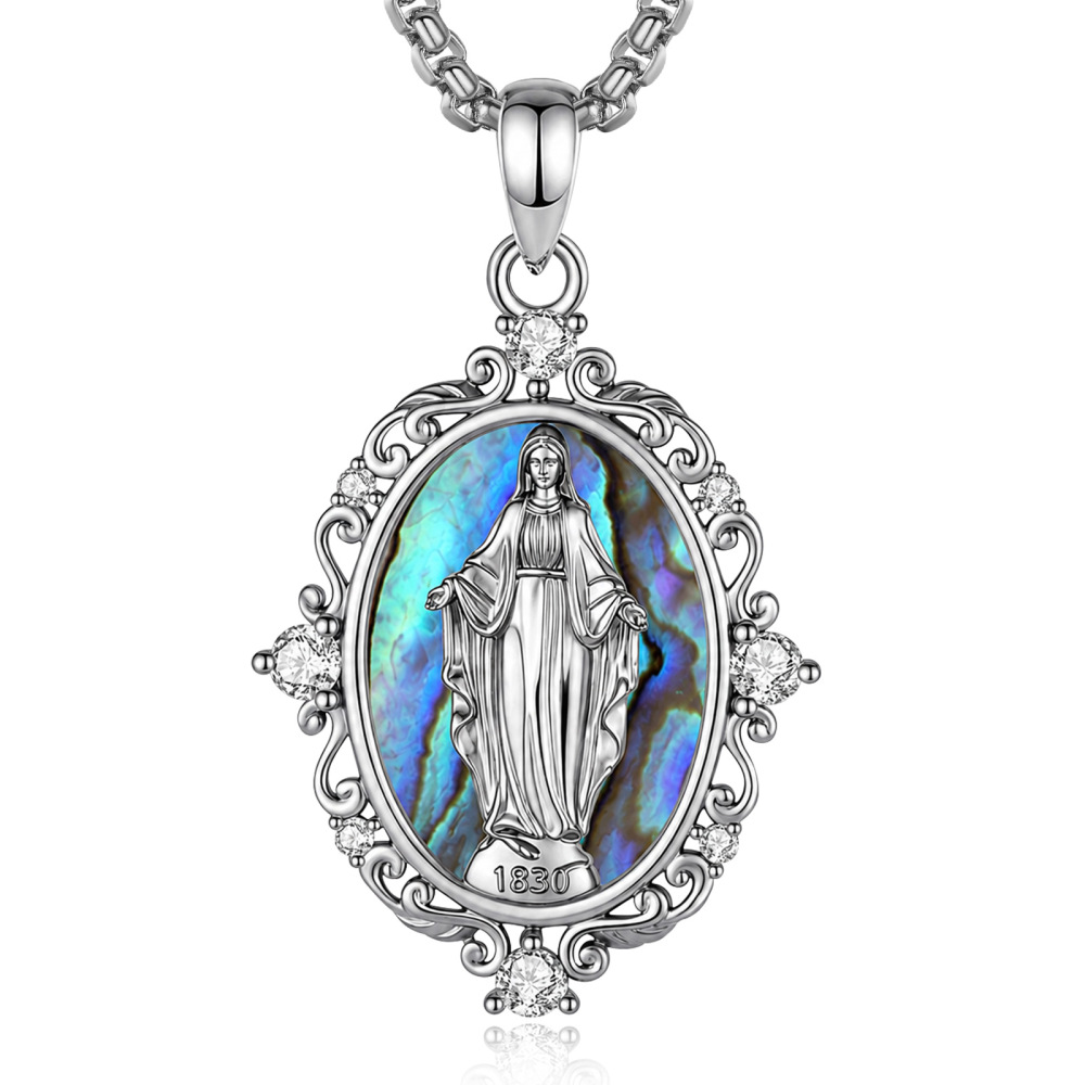 Merryshine Jewelry Silver Filigree Abalone Miraculous Medal Virgin Mary Pendant