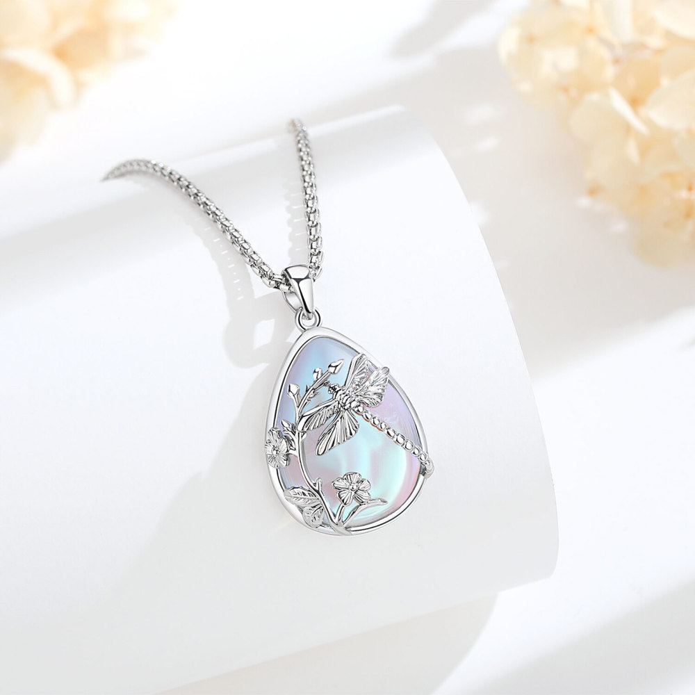 Merryshine Jewelry Rhodium Plated Dragonfly Teardrop Moonstone Pendant