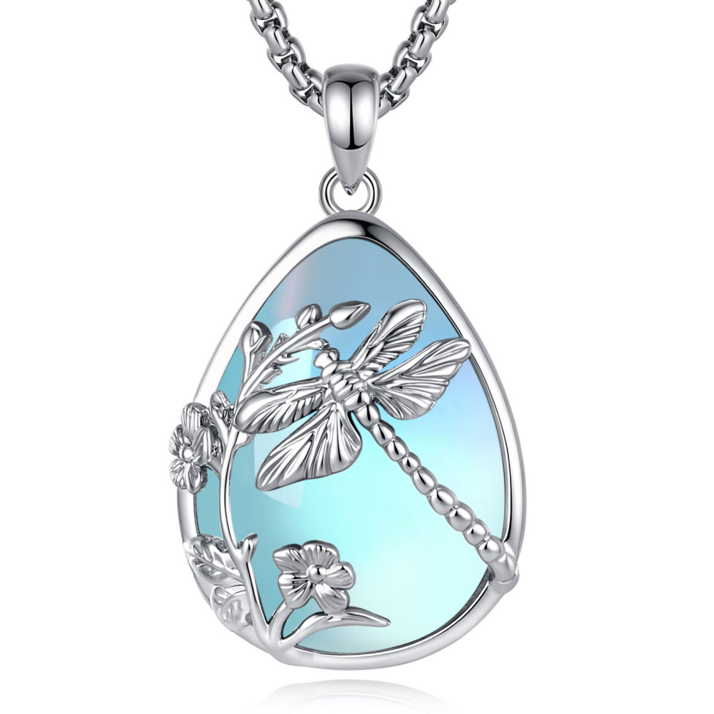 Merryshine Jewelry Rhodium Plated Dragonfly Teardrop Moonstone Pendant