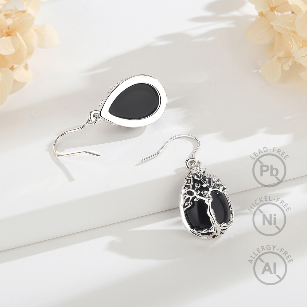 Merryshine Jewelry Teardrop Tree of Life Dangle Earrings with Obsidian
