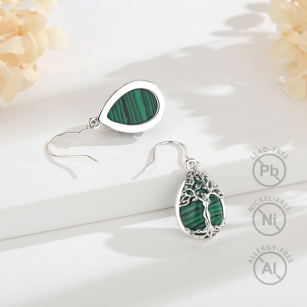 Merryshine Jewelry Teardrop Tree of Life Dangle Earrings with Malachite