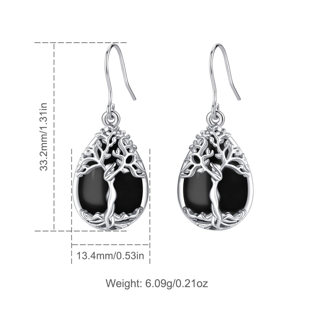Merryshine Jewelry Teardrop Tree of Life Dangle Earrings with Obsidian