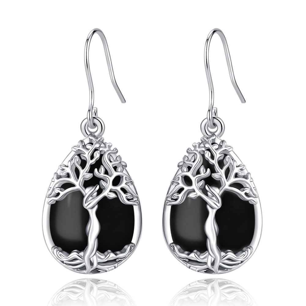 Merryshine Jewelry Teardrop Tree of Life Dangle Earrings with Obsidian