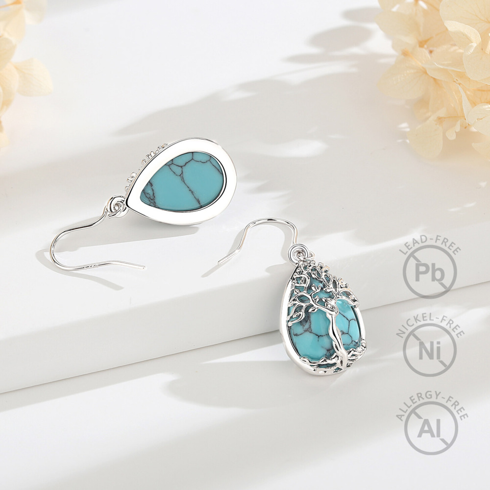 Merryshine Jewelry Teardrop Tree of Life Dangle Earrings with Turquoise