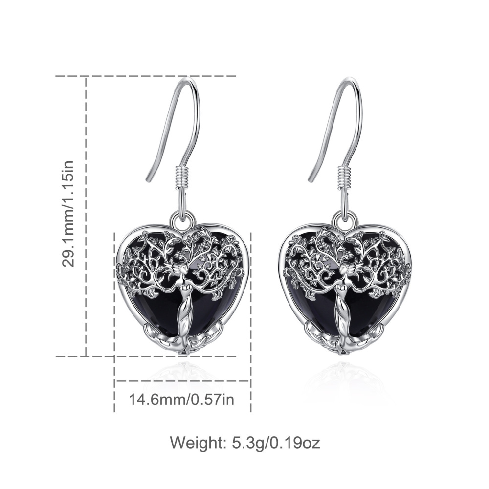 Merryshine Jewelry Heart Shape Tree of Life Drop Earrings with Obsidian