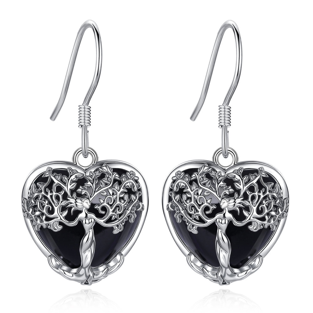 Merryshine Jewelry Heart Shape Tree of Life Drop Earrings with Obsidian