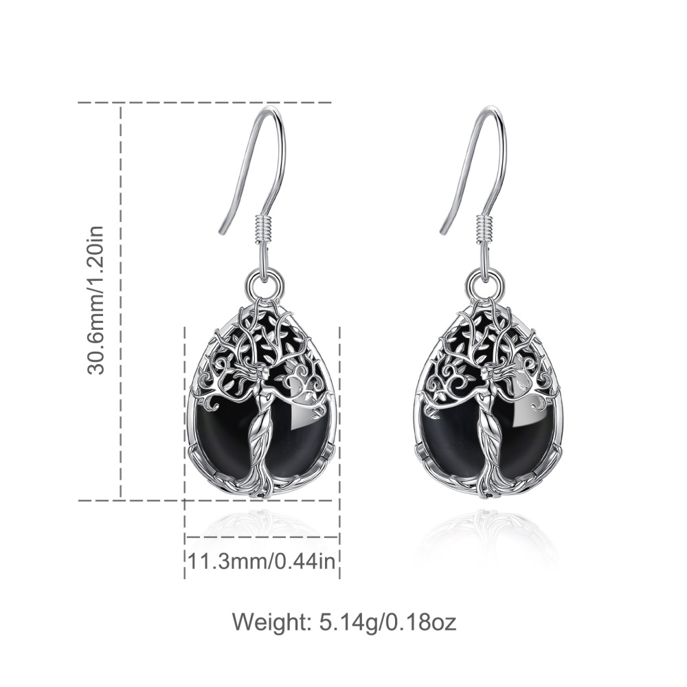 Merryshine Jewelry Teardrop Goddess Tree Drop Earrings with Obsidian