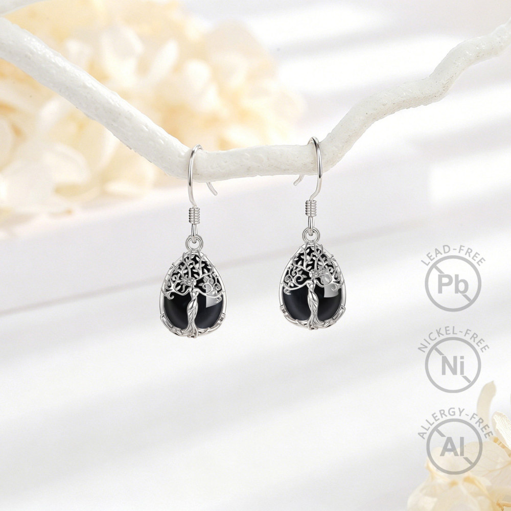 Merryshine Jewelry Teardrop Goddess Tree Drop Earrings with Obsidian