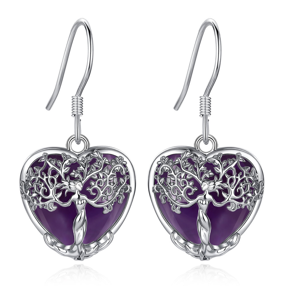 Merryshine Jewelry Heart Goddess Tree Drop Earrings with Amethyst