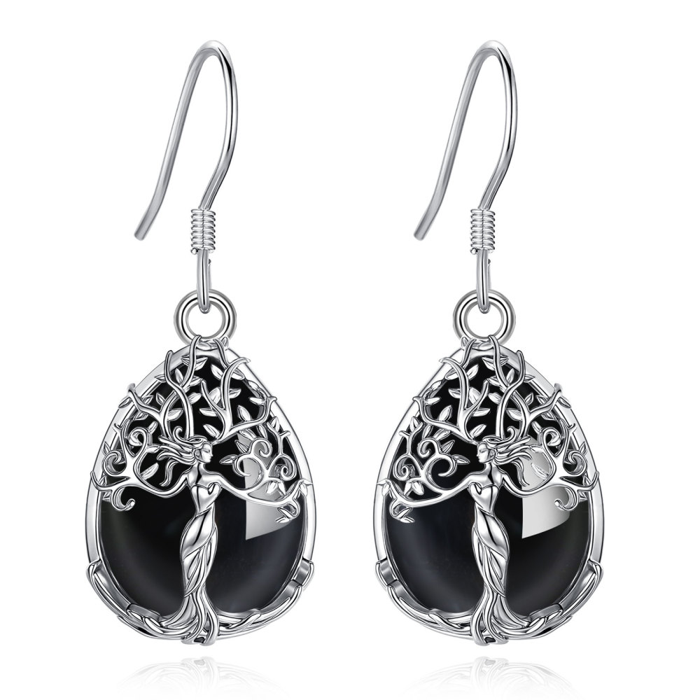 Merryshine Jewelry Teardrop Goddess Tree Drop Earrings with Obsidian
