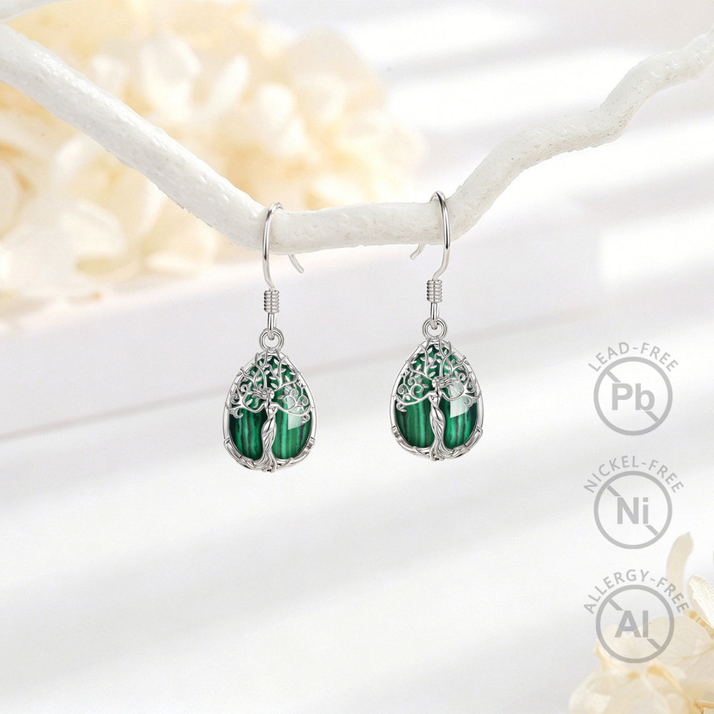 Merryshine Jewelry Teardrop Goddess Tree Drop Earrings with Malachite