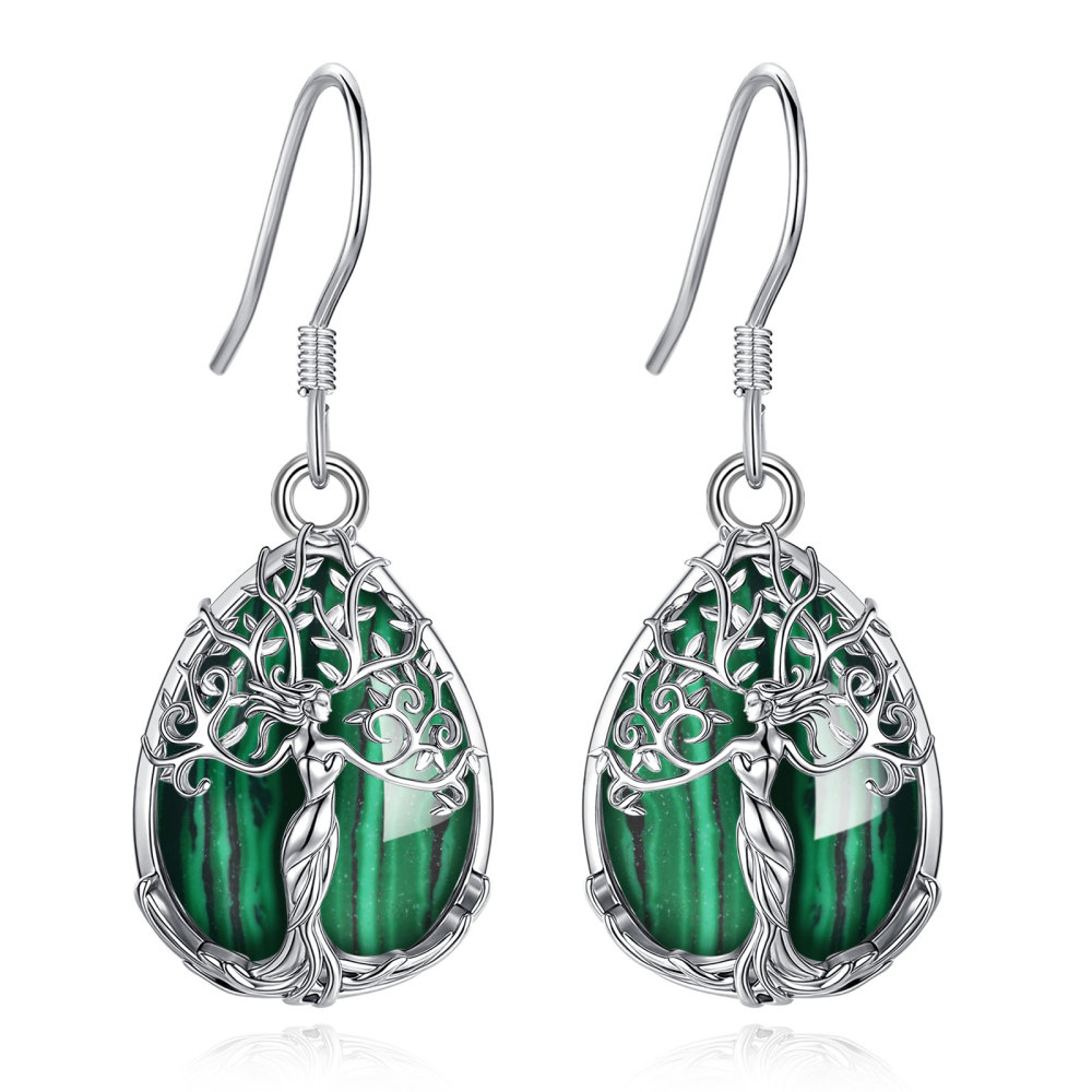 Merryshine Jewelry Teardrop Goddess Tree Drop Earrings with Malachite