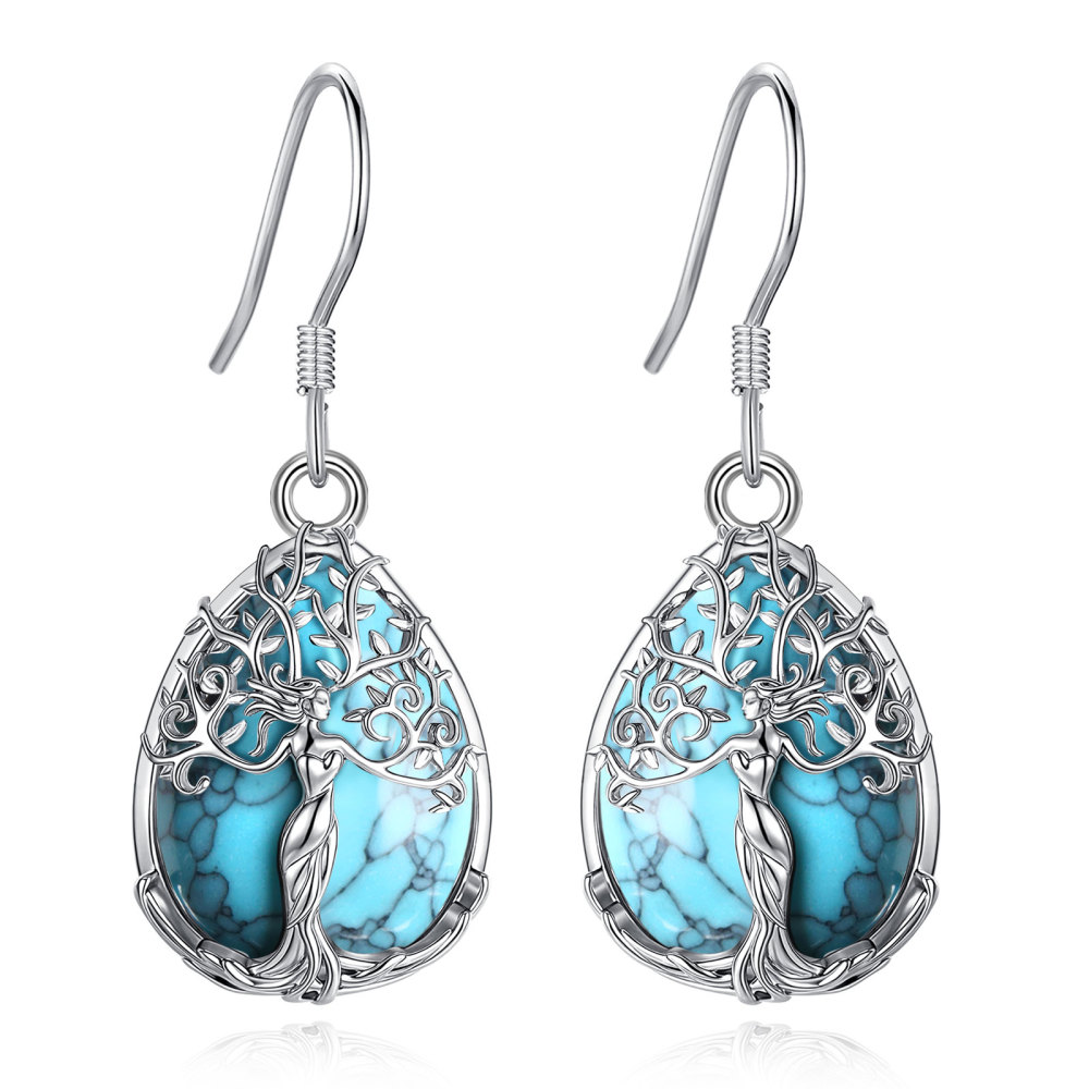 Merryshine Jewelry Teardrop Goddess Tree Drop Earrings with Turquoise