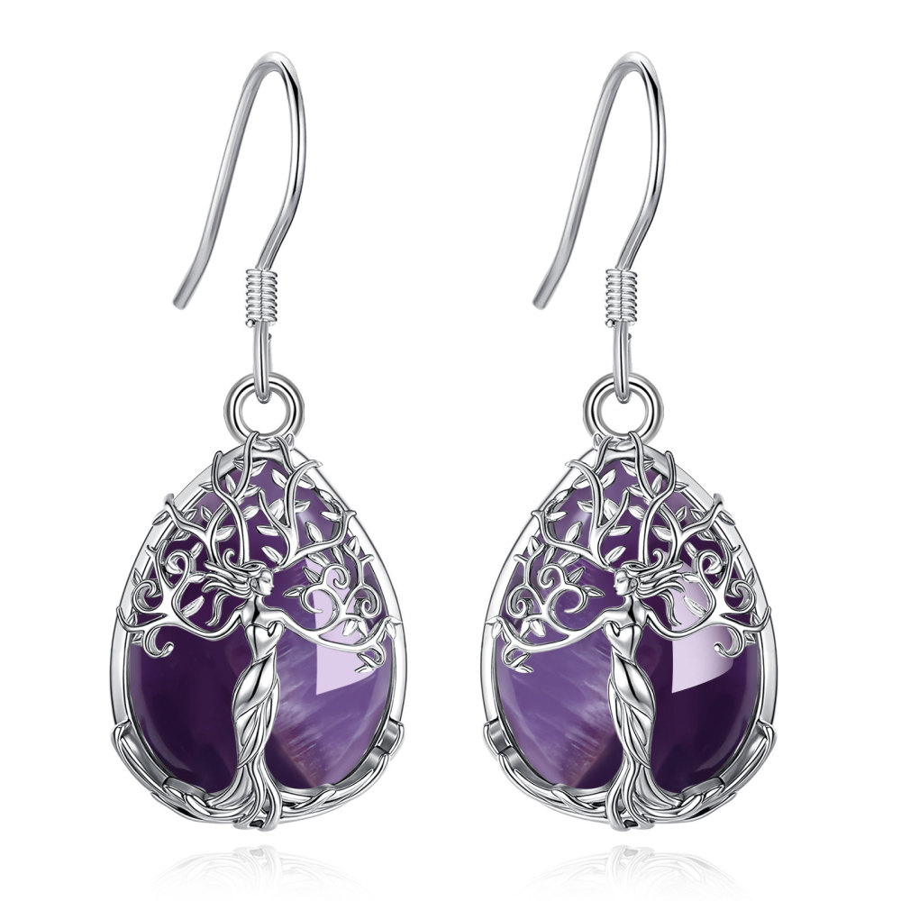 Merryshine Jewelry Teardrop Goddess Tree Drop Earrings with Amethyst