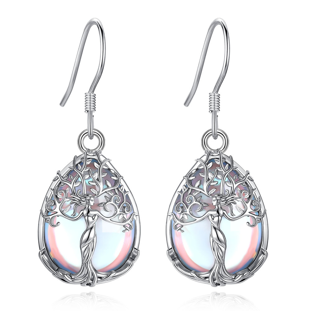 Merryshine Jewelry Teardrop Goddess Tree Drop Earrings with Moonstone