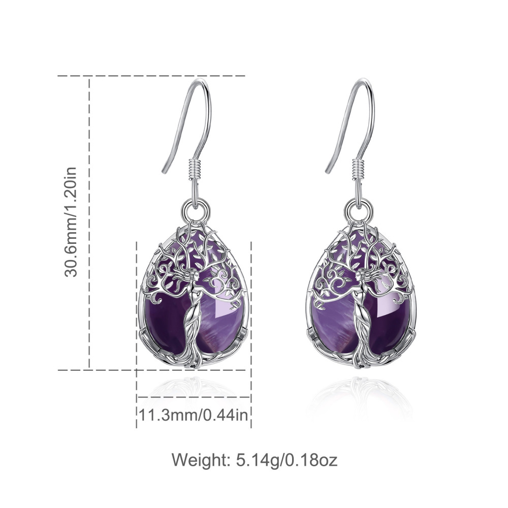 Merryshine Jewelry Teardrop Goddess Tree Drop Earrings with Amethyst