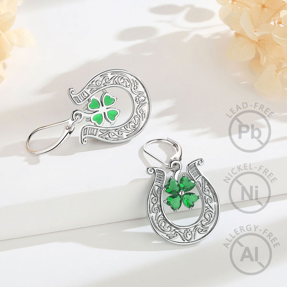 Merryshine Jewelry Green Cubic Zirconia Four-Leaf Horseshoe Earrings