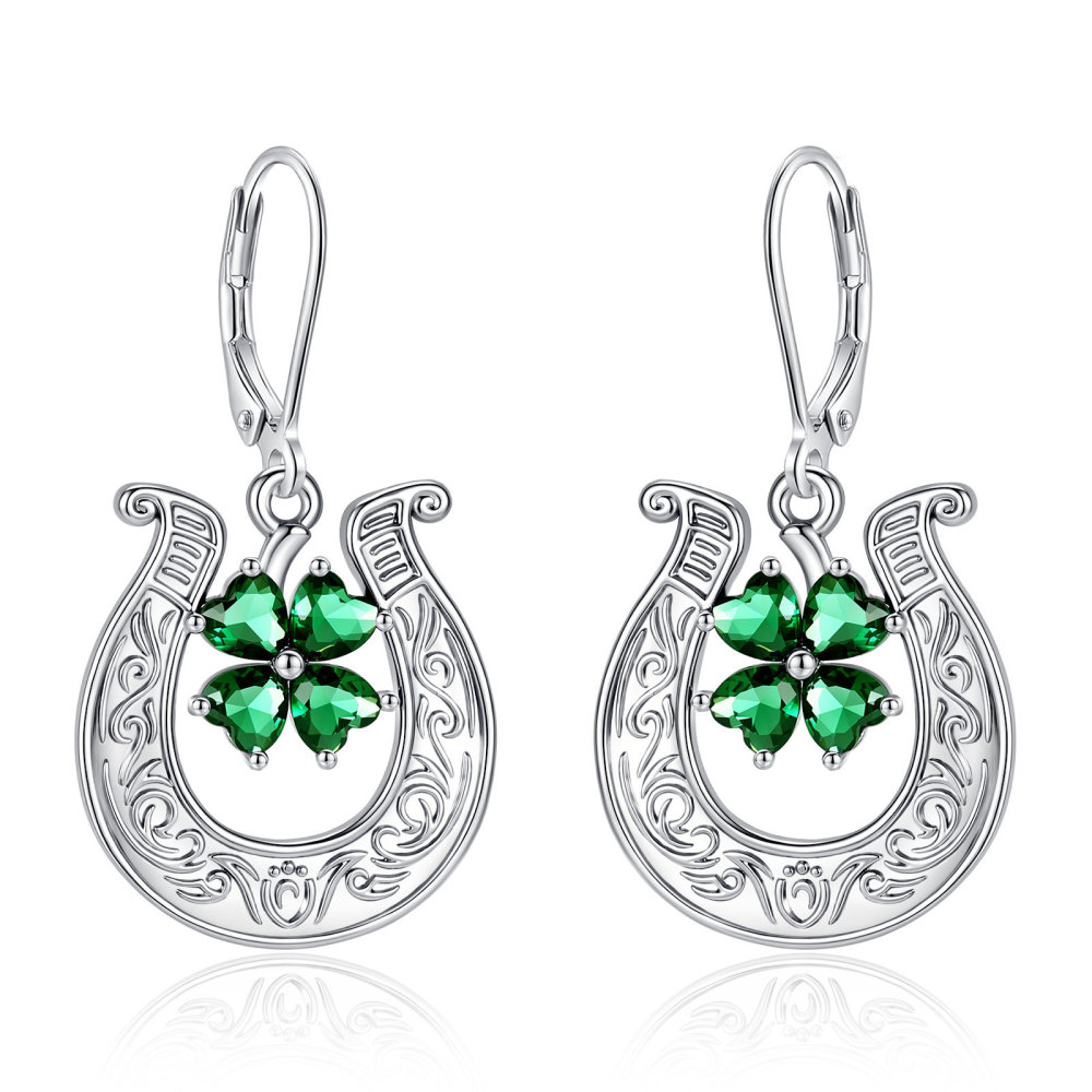 Merryshine Jewelry Green Cubic Zirconia Four-Leaf Horseshoe Earrings