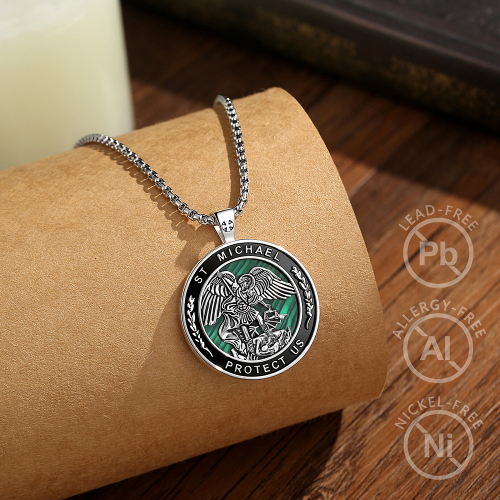 Merryshine Jewelry St.Michael Protector Medallion Pendant with Malachite