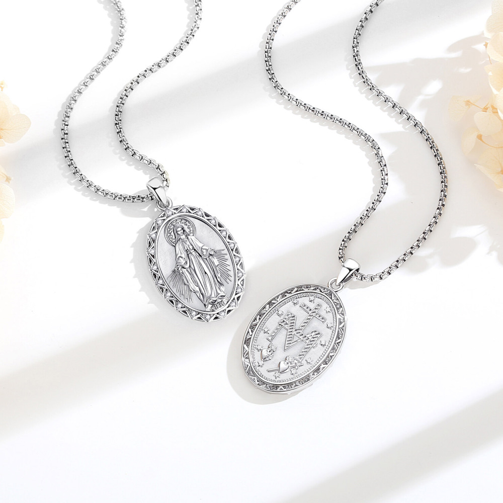 Merryshine Jewelry Rhodium Plated 1830 Miraculous Virgin Oval Pendant