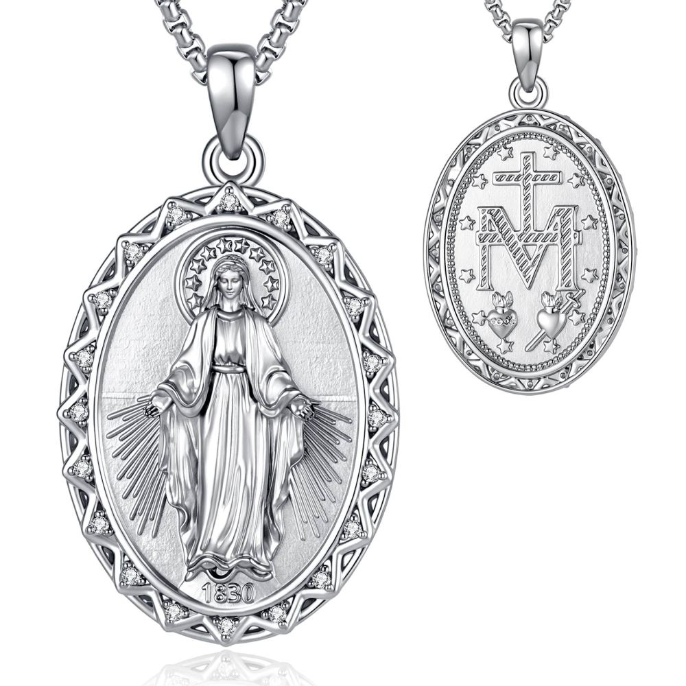 Merryshine Jewelry Rhodium Plated 1830 Miraculous Virgin Oval Pendant