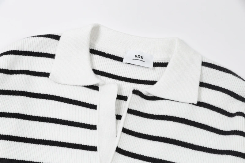 Ami Paris Autumn collar sweater for men, trendy and high-end, loose and contrasting striped knit sweater, long sleeved inner layer