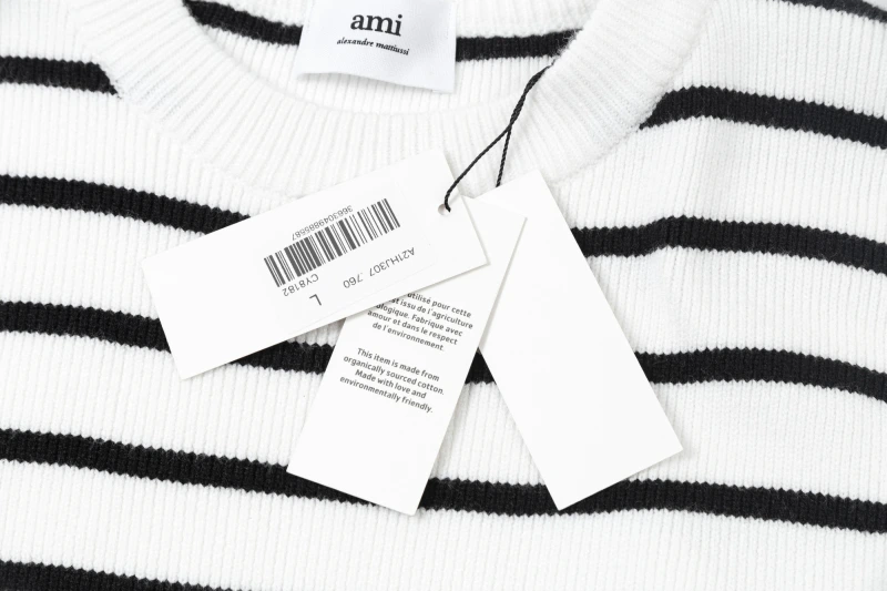 Ami Paris Trendy Spring and Autumn Trendy Western striped sweater, versatile round neck pullover knit base sweater