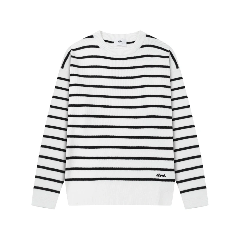 Ami Paris Trendy Spring and Autumn Trendy Western striped sweater, versatile round neck pullover knit base sweater