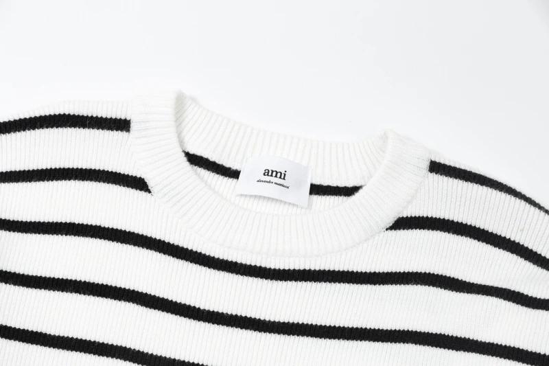 Ami Paris Trendy Spring and Autumn Trendy Western striped sweater, versatile round neck pullover knit base sweater