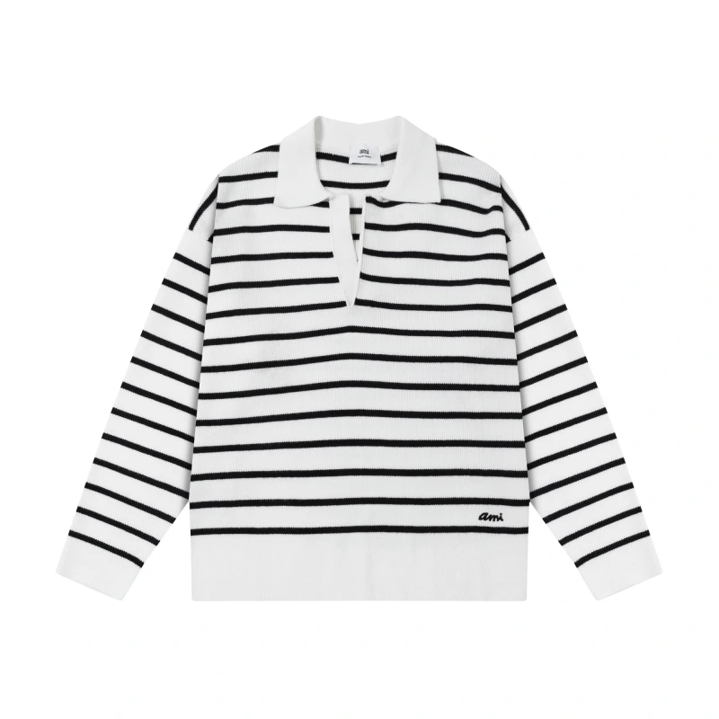 Ami Paris Autumn collar sweater for men, trendy and high-end, loose and contrasting striped knit sweater, long sleeved inner layer