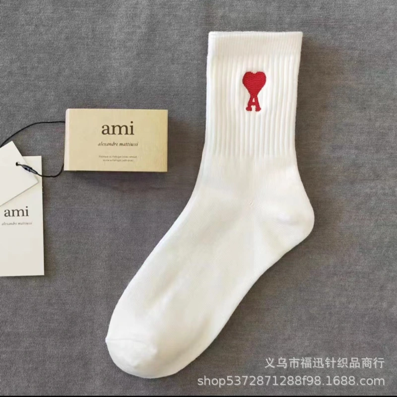 Ami Paris Three pairs of socks, new ami socks with heart A embroidery, four seasons thin design, black and white gray, simple sports, short tube, men's and women's casual cotton socks