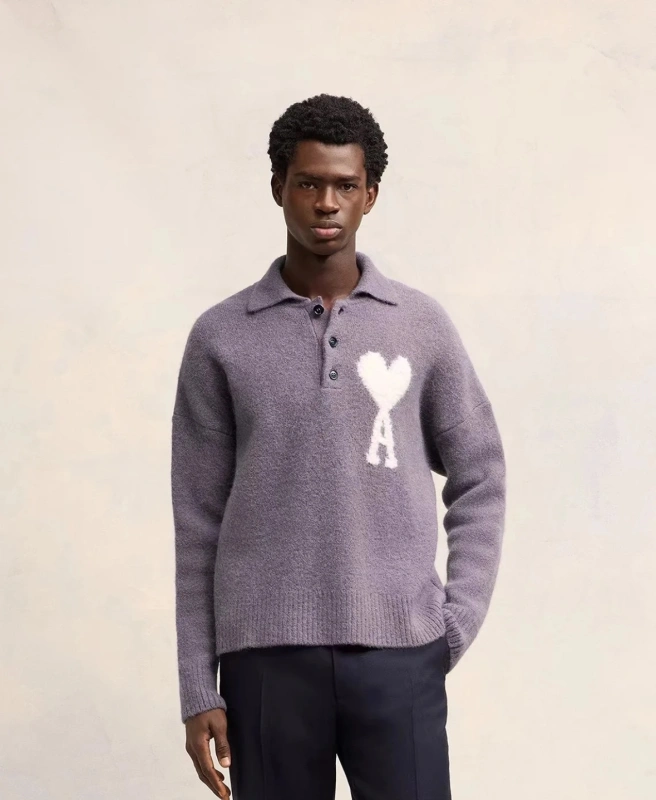 AMI Paris New autumn and winter polo collar knitted sweater with large peach heart buttons, loose casual unisex sweater, versatile top