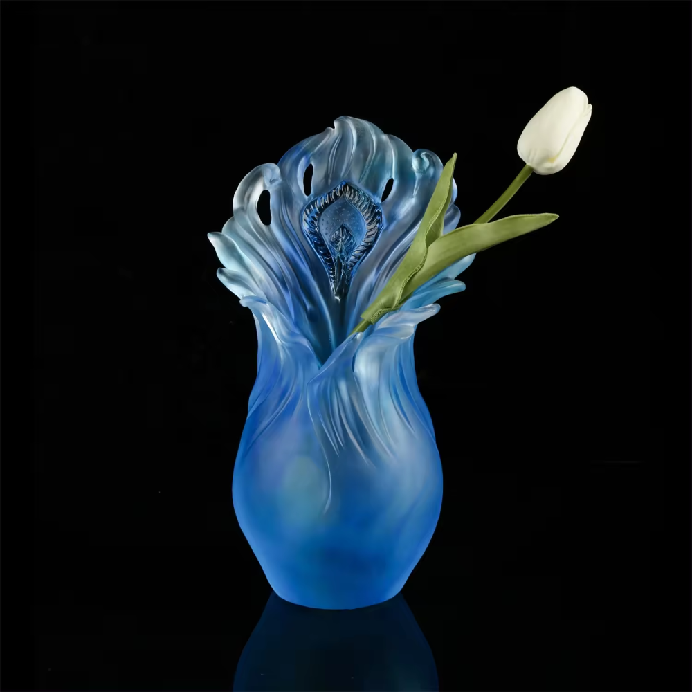 Hot sale deluxe blue crystal flower vase glass vase for living room desktop