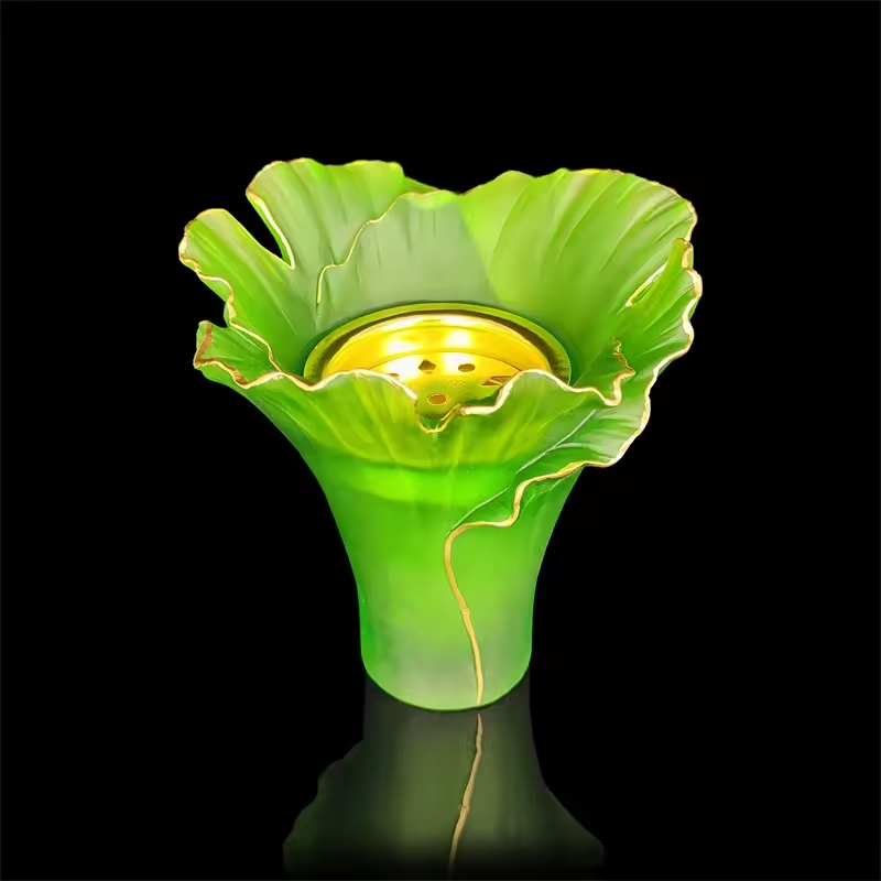 European style ginkgo leaf shape crystal burner sprcial crystal censer green glass vase