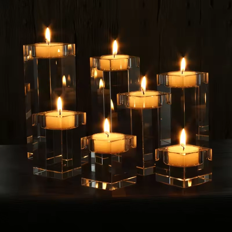 Manfactory Wholesale Custom Logo Size K9 Square 3D Lase Engraving Photo Printing Crystal Candlestick Glass Square Candle Holder