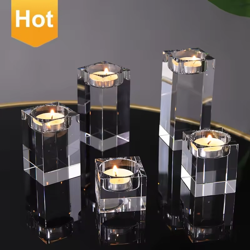 Manfactory Wholesale Custom Logo Size K9 Square 3D Lase Engraving Photo Printing Crystal Candlestick Glass Square Candle Holder
