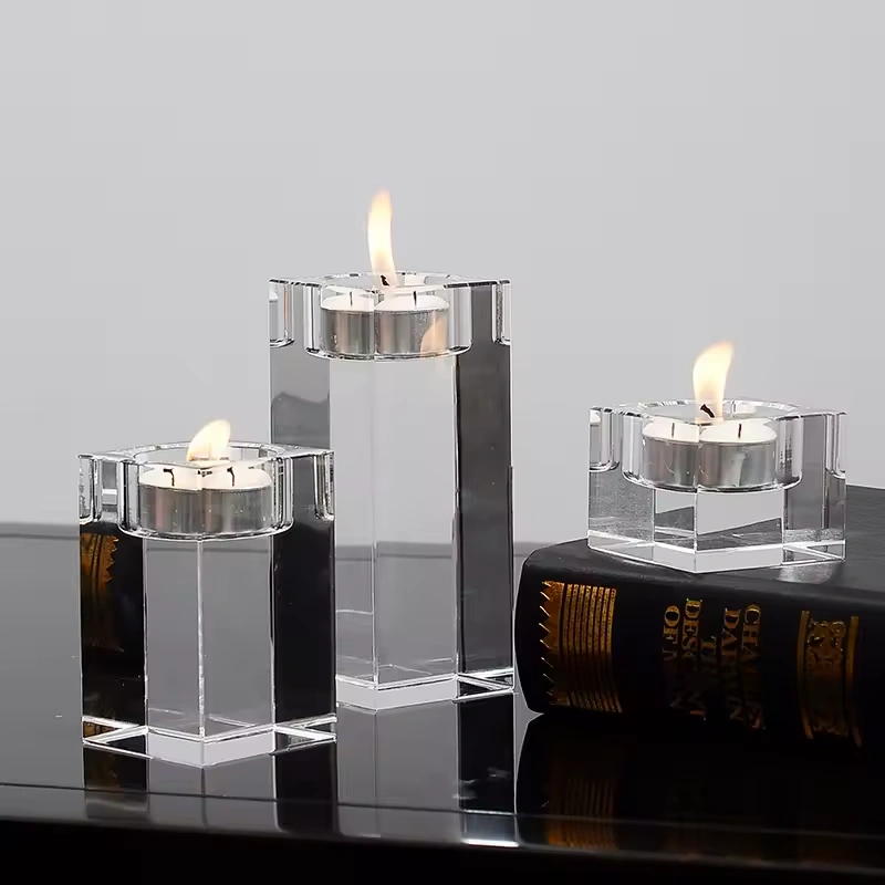 Manfactory Wholesale Custom Logo Size K9 Square 3D Lase Engraving Photo Printing Crystal Candlestick Glass Square Candle Holder