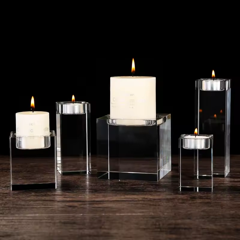 Manfactory Wholesale Custom Logo Size K9 Square 3D Lase Engraving Photo Printing Crystal Candlestick Glass Square Candle Holder